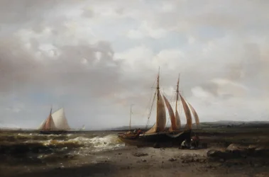 Kystscene med fiskerfolk, der passer deres båd på kysten